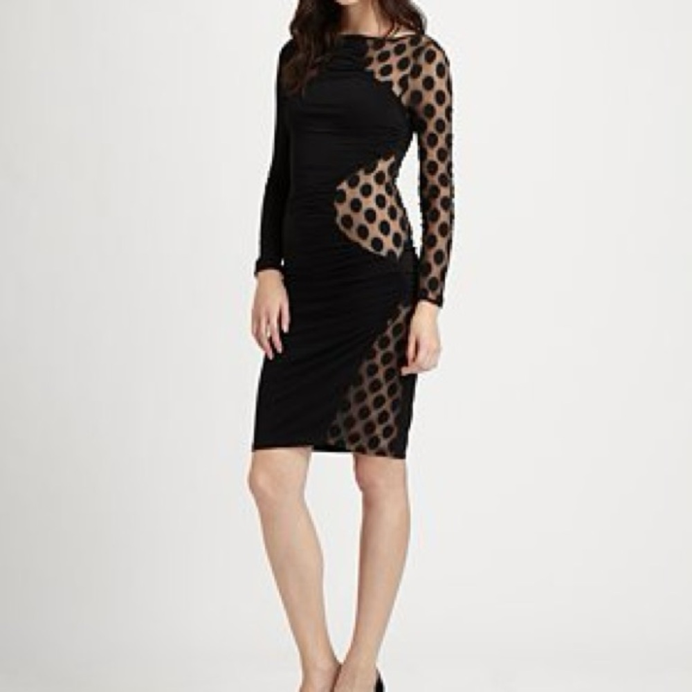 ABS Allen Schwartz Black Polka Dot Mesh Ruched Dress | Long Sleeve Sheer Size S